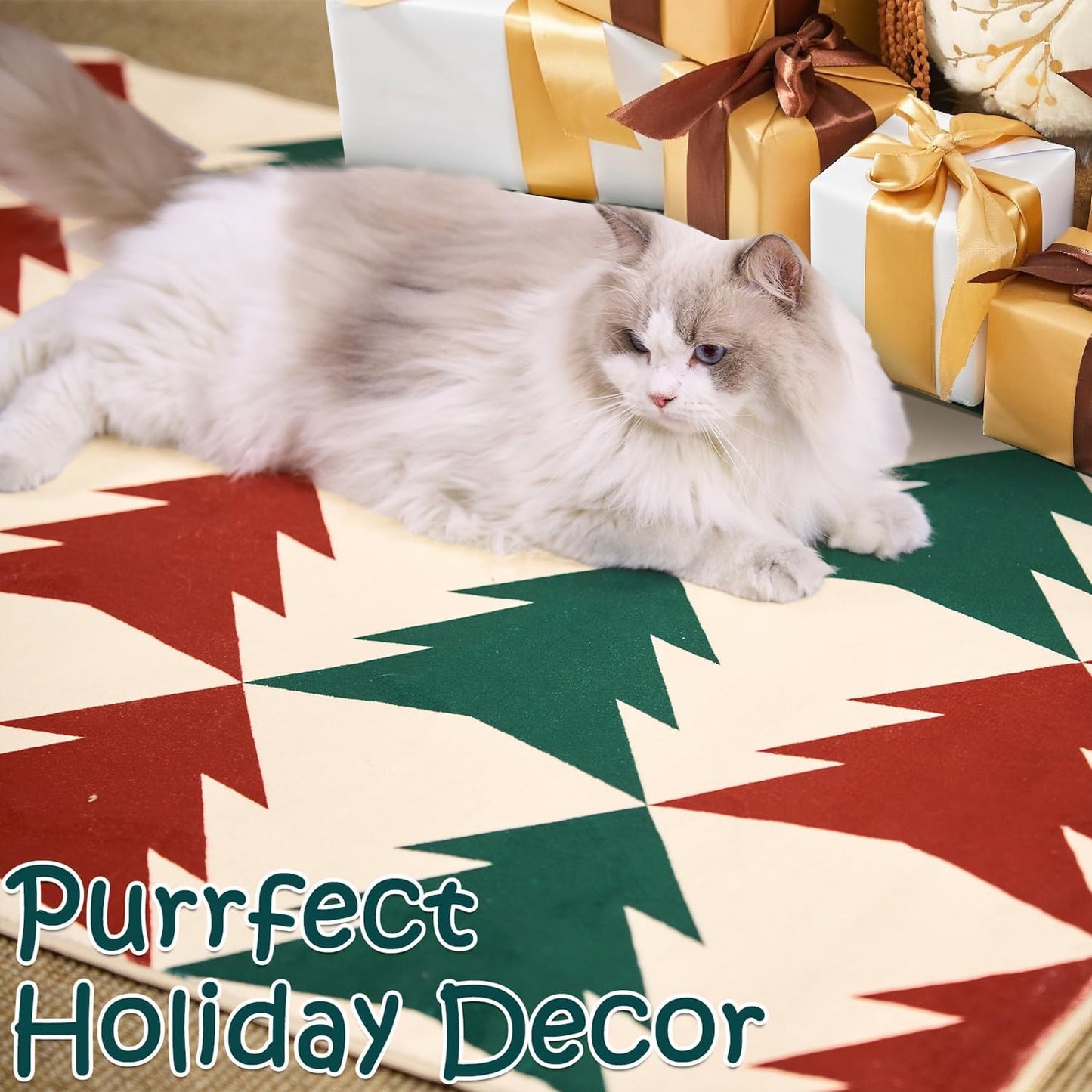 jinchan Christmas Runner Rug 3x8 Hallway Rug Xmas Tree Runner Kitchen Rug Soft Washable Non Slip Holiday Decorative Floor Carpet for Bedroom Bathroom Laundry Living Room (Red & Green on Cream,3x8ft)