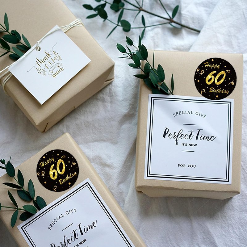 REWIDPARTY 1.5 Inch Round Black Gold 60th Birthday Stickers (80 Pieces) - Waterproof, Indoor/Outdoor, Perfect for Party Decorations, Scrapbook, Custom Style, Floral Theme
