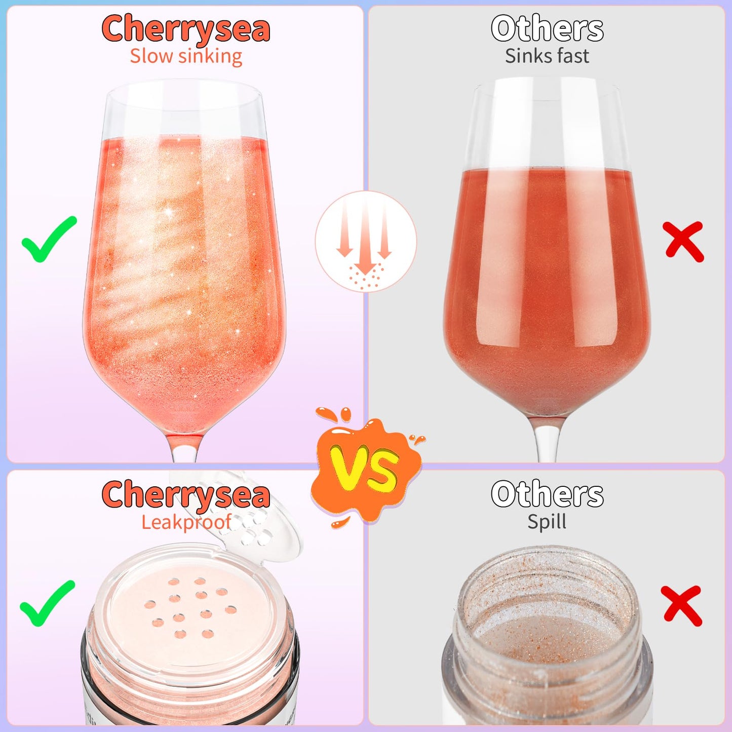 Cherrysea Food Coloring Edible Glitter Drink Shimmer 4 Colors No Taste Food Grade Edible Luster Dust Powder Set for Cocktails Champagne Beverages,Vegan, Gluten Free - 3g/Bottle