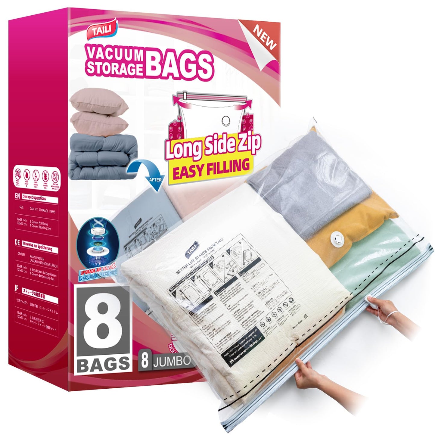 TAILI 8 Pack Vacuum Storage Bags, Jumbo Size 39x28 inch, LONG SIDE ZIP Vacuum Seal Bags for Beddings, Extra Large Storage Space Saver for Clothing, Comforters, Blankets, Pillows