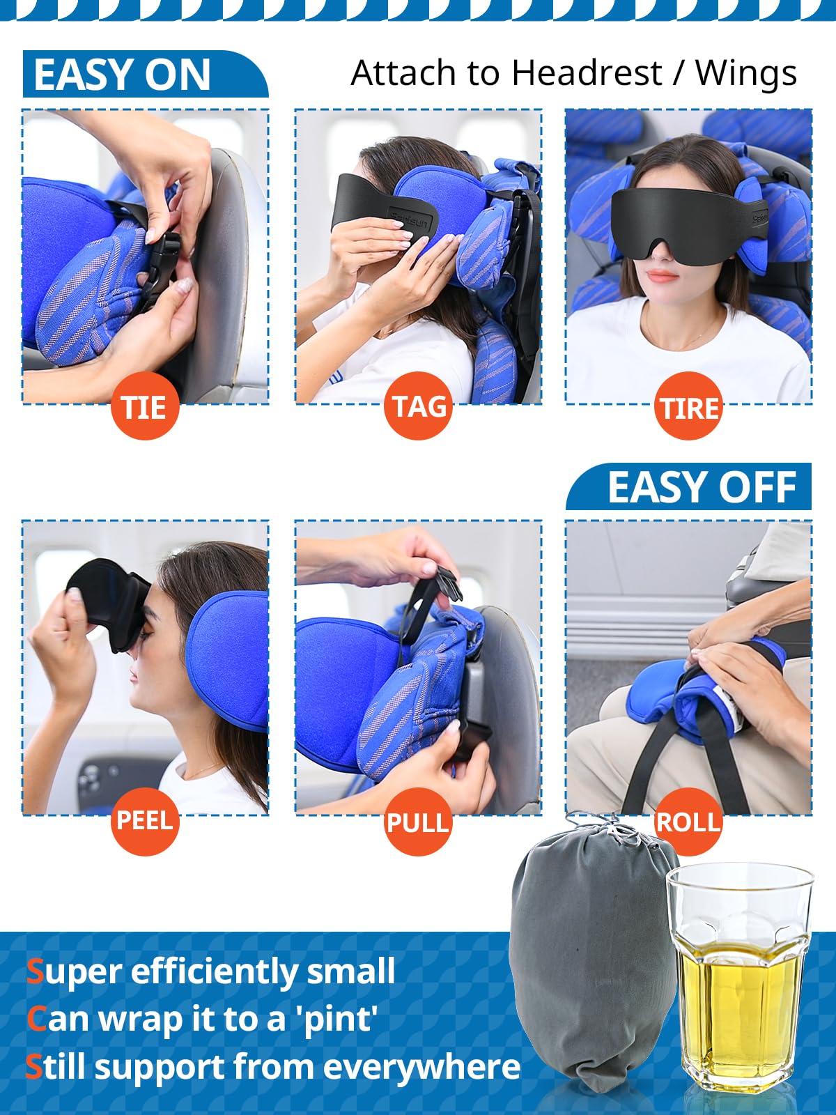 SARISUN Travel Pillow for Airplanes, Airplane Pillow for Long Flight, Neck Pillow with Eye Mask for Sleeping, Portable Travel Pillow for Car Road Trip Headrest, Stop Bobblehead, Grey