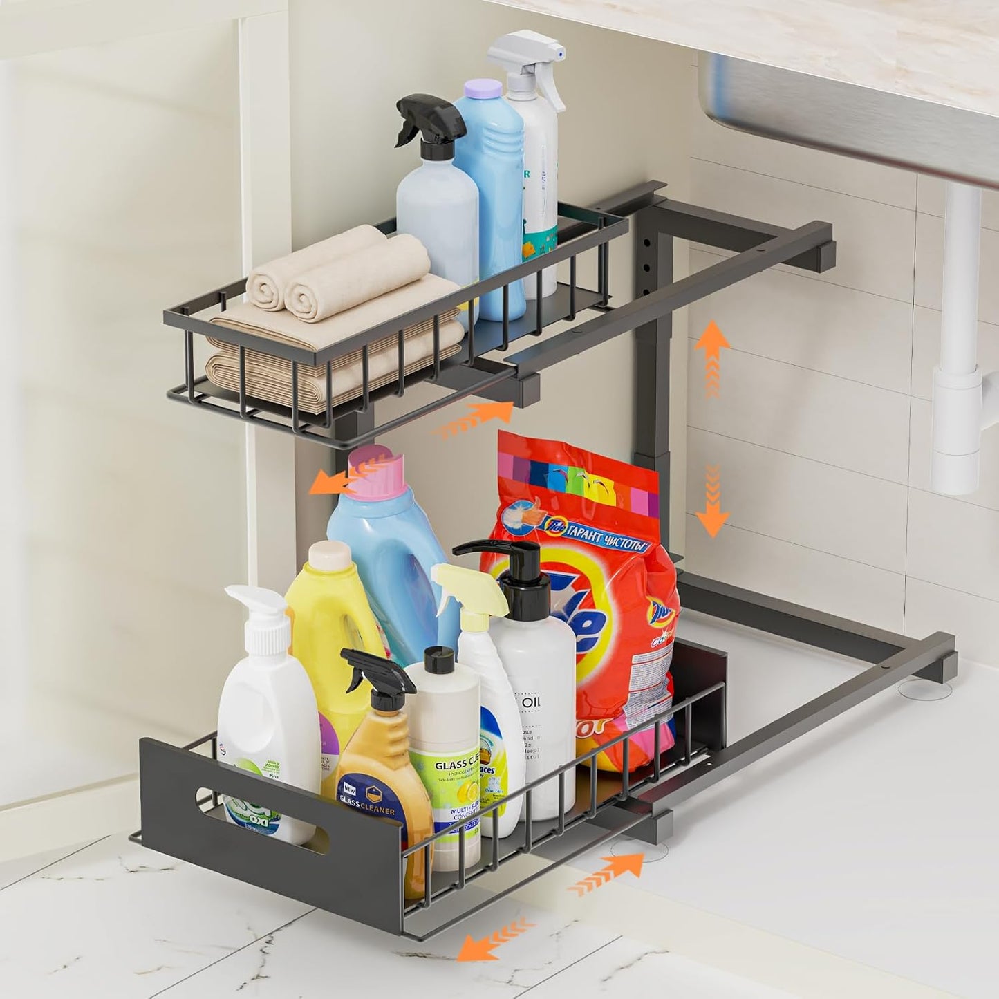 Under Sink Organizer - Skiennix Heavy Duty Metal Pull-Out Cabinet Shelf | Adjustable Multi-Purpose Storage (Black, 1 Pack)
