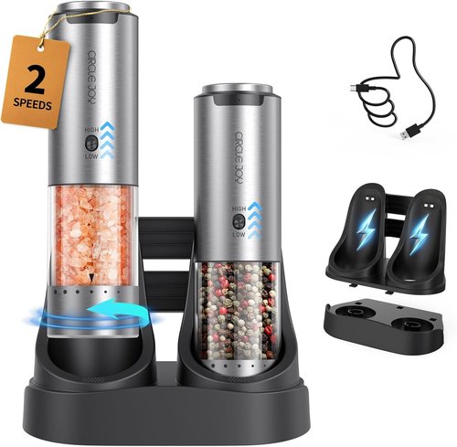 CIRCLE JOY Rechargeable Electric Salt and Pepper Grinder Set - Stainless Steel, Adjustable Coarseness, LED Light