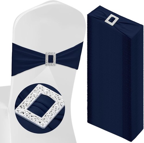 CHENGU Spandex Chair Sashes - 50 Pcs with Square Buckle Slider for Weddings & Events | Navy Blue