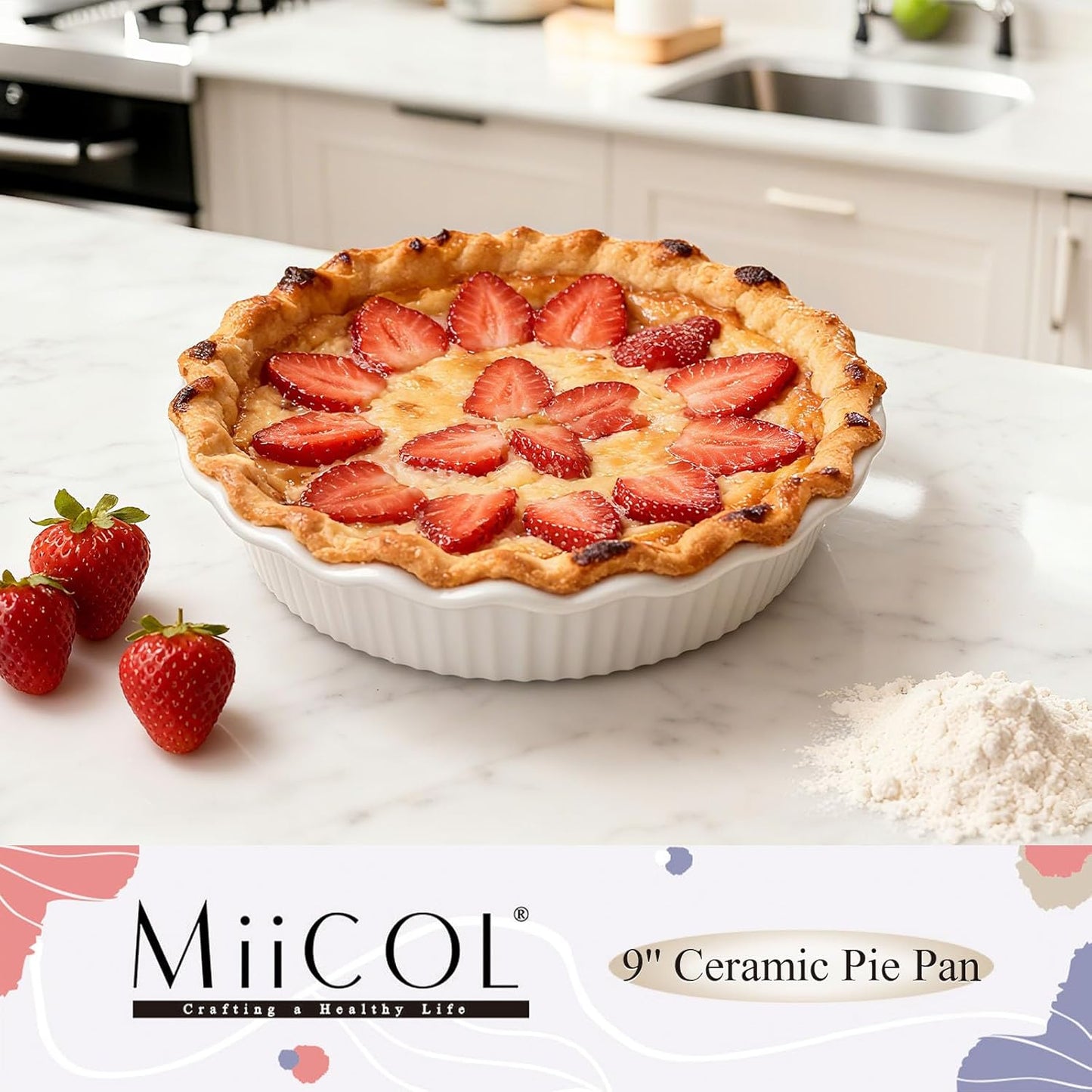Miicol White Ceramic Pie Pan - 9 Inch Round Baking Dish with Ripple Edge | 50 oz Capacity for Quiche & Pies