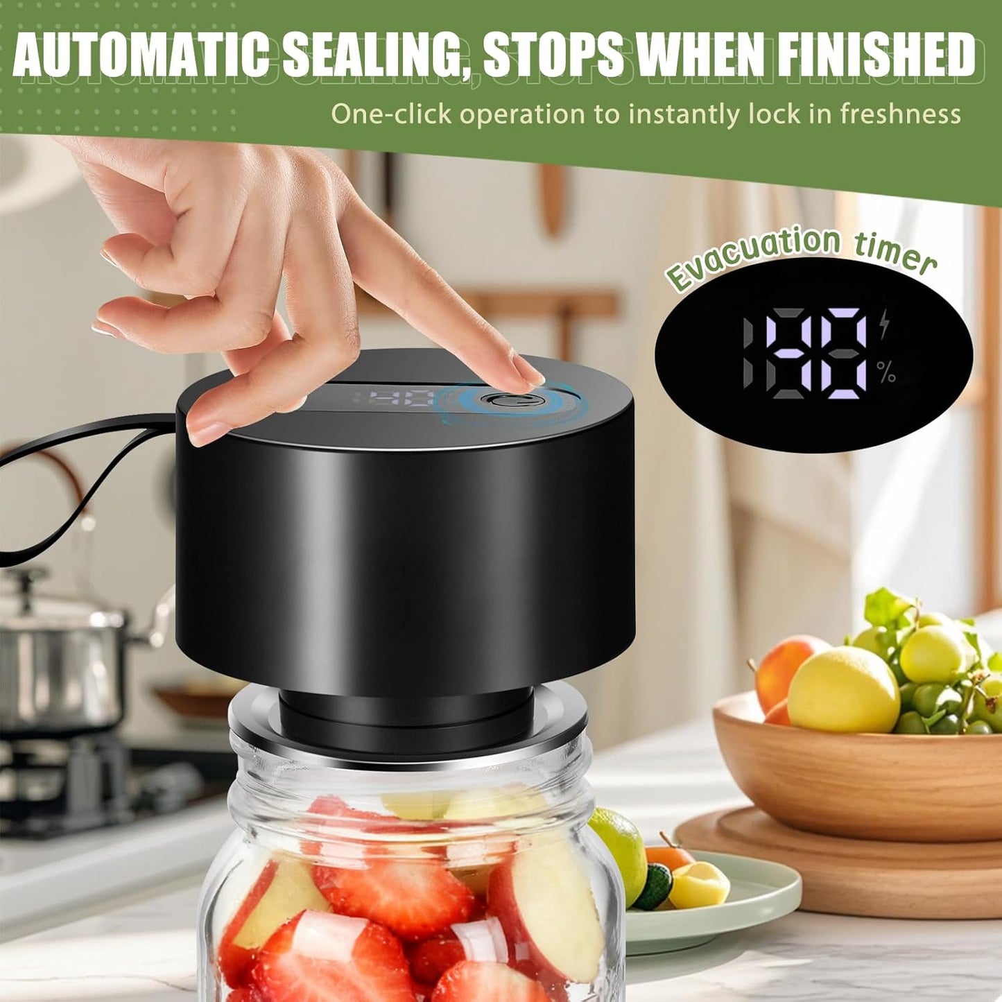Skiennix Electric Mason Jar Vacuum Sealer Kit - Automatic Food Storage Sealing Machine | Cordless, Compatible with Wide & Regular Mouth Jars