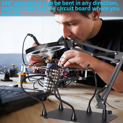 10X Magnifying Glass with Light and Stand, KUVRS Flexible Magnetic Helping Hands, Large Base & Clamp Magnifying Lamp, 3 Color Adjustable Arm Hands Free Magnifier with Light for Soldering Craft Hobby