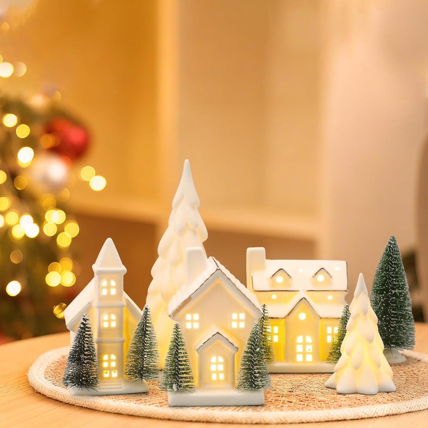Regine Switzerland 12-Pc Ceramic Christmas Village Set - White Houses, LED Trees & Reindeer Figurines for Holiday Decor