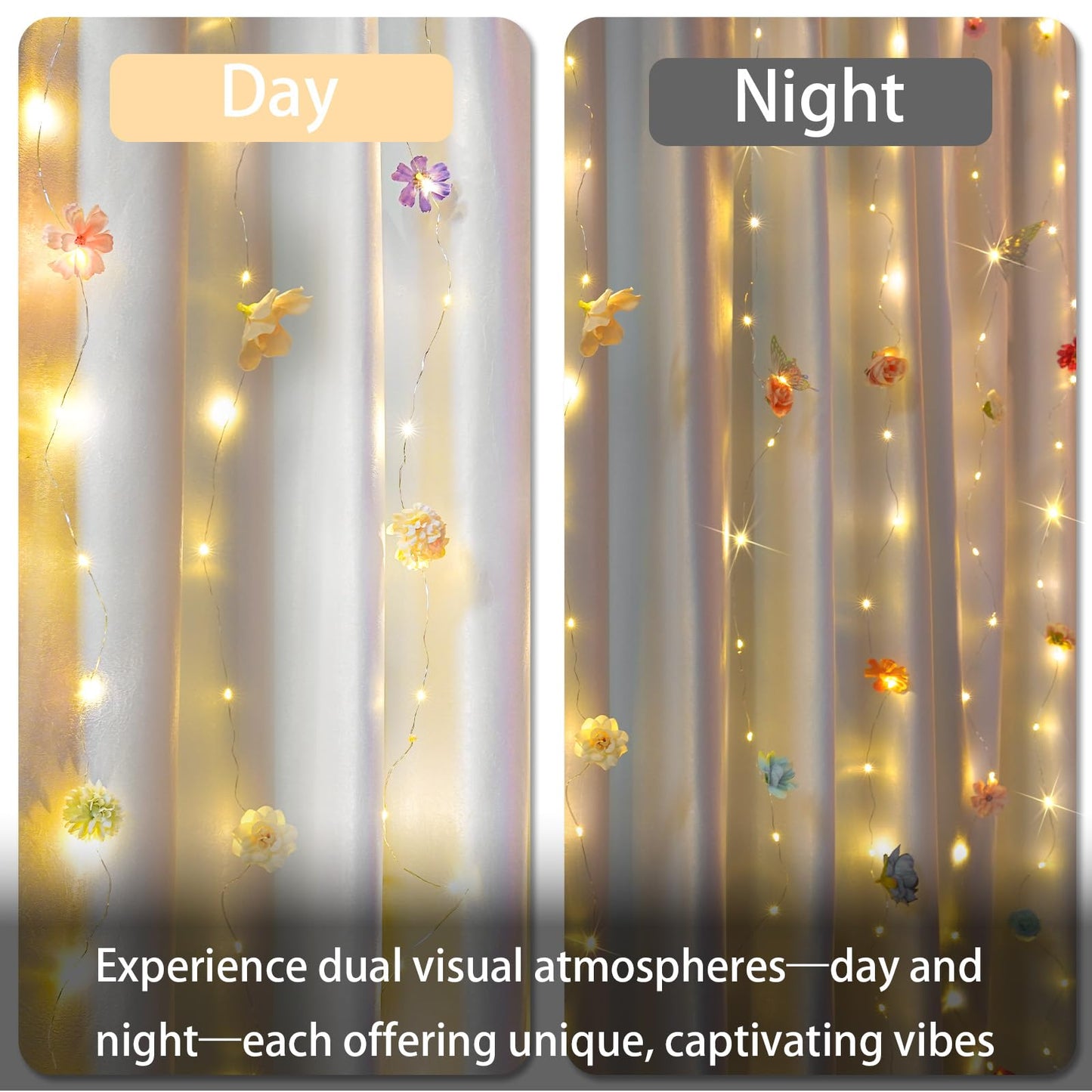 suddus DIY Curtain Lights Kit - 200 LED Fairy String Lights with 3D Butterflies & Silk Flowers, Remote Control 8 Modes USB Powered for Bedroom Wall to Wedding Backdrop (6.5x6.5ft Warm White)