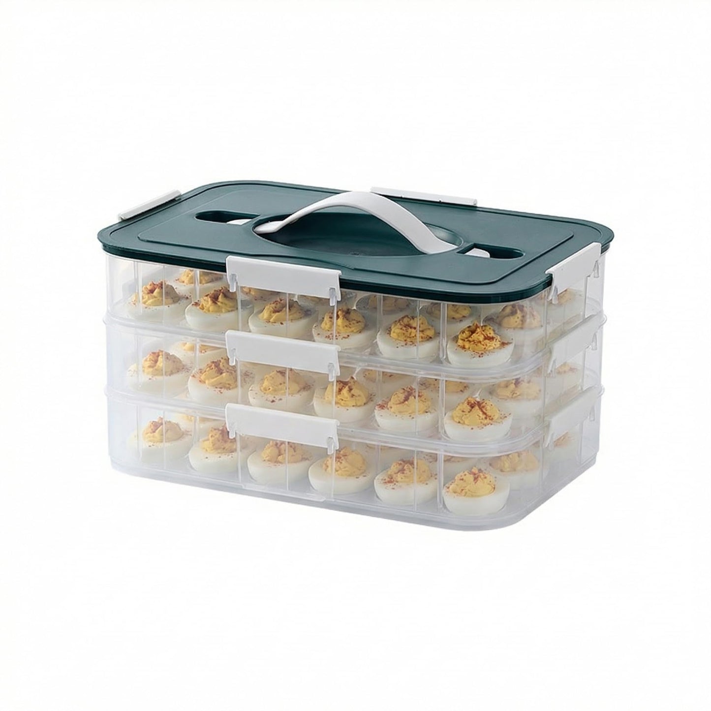 Splotiva Deviled Egg Container with Lid, 54 Slots Egg Tray Carrier with Handle, Stackable Egg Tray, 12.2 x 8.4 x 6.3 inches (Green, 3 Layer)