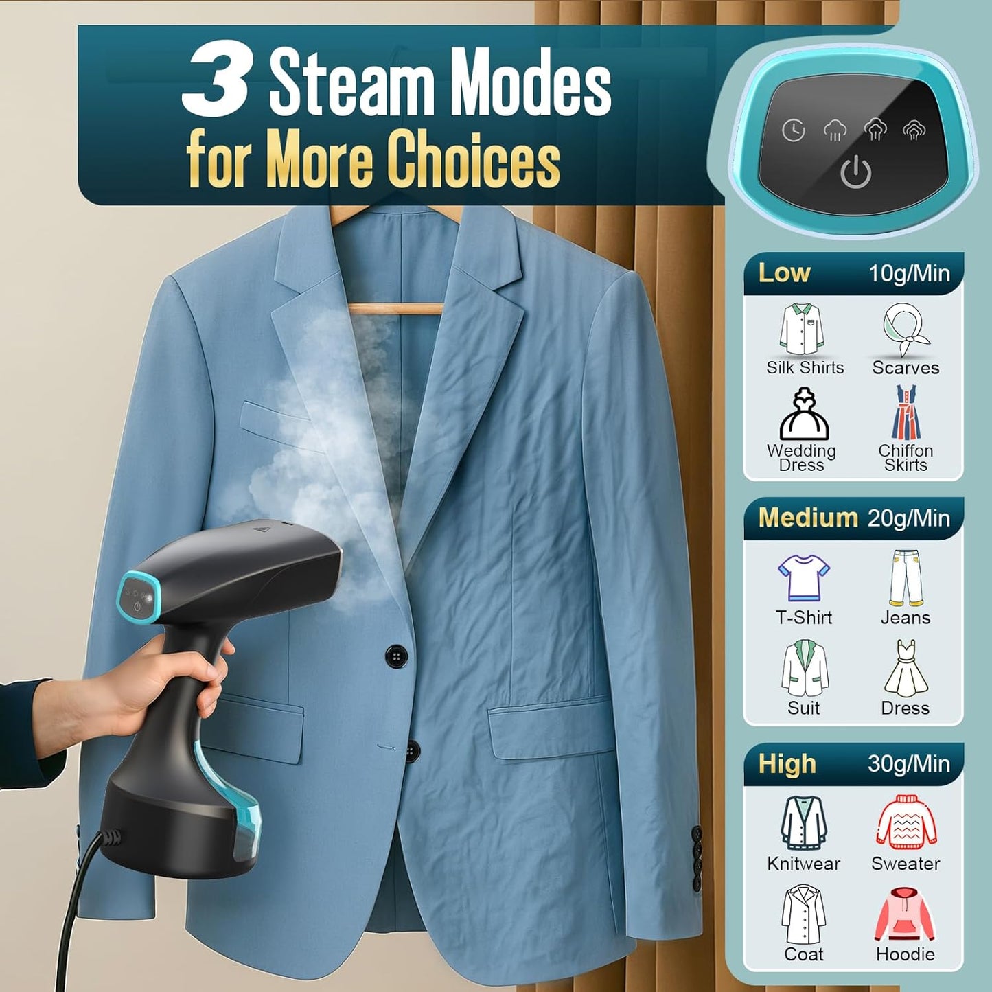 Skiennix Handheld Garment Steamer - 1900W Powerful Steam, 3 Settings, 300ml Capacity, Fast Wrinkle Remover