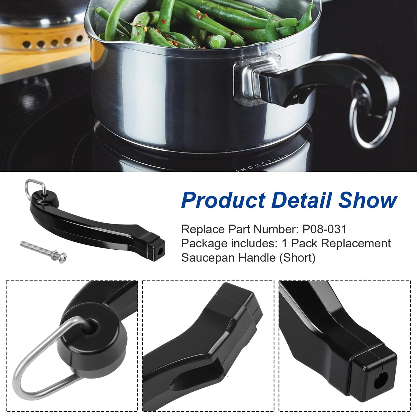 P08-031 Saucepan Handle Replacement (Short) Fits for Farberware 1, 1.5, 2 and 2.5 quart Pan, Pots and Cookware | Durable Pot Replacement parts | Saucepan Handles for Kitchen Cooking with Screw