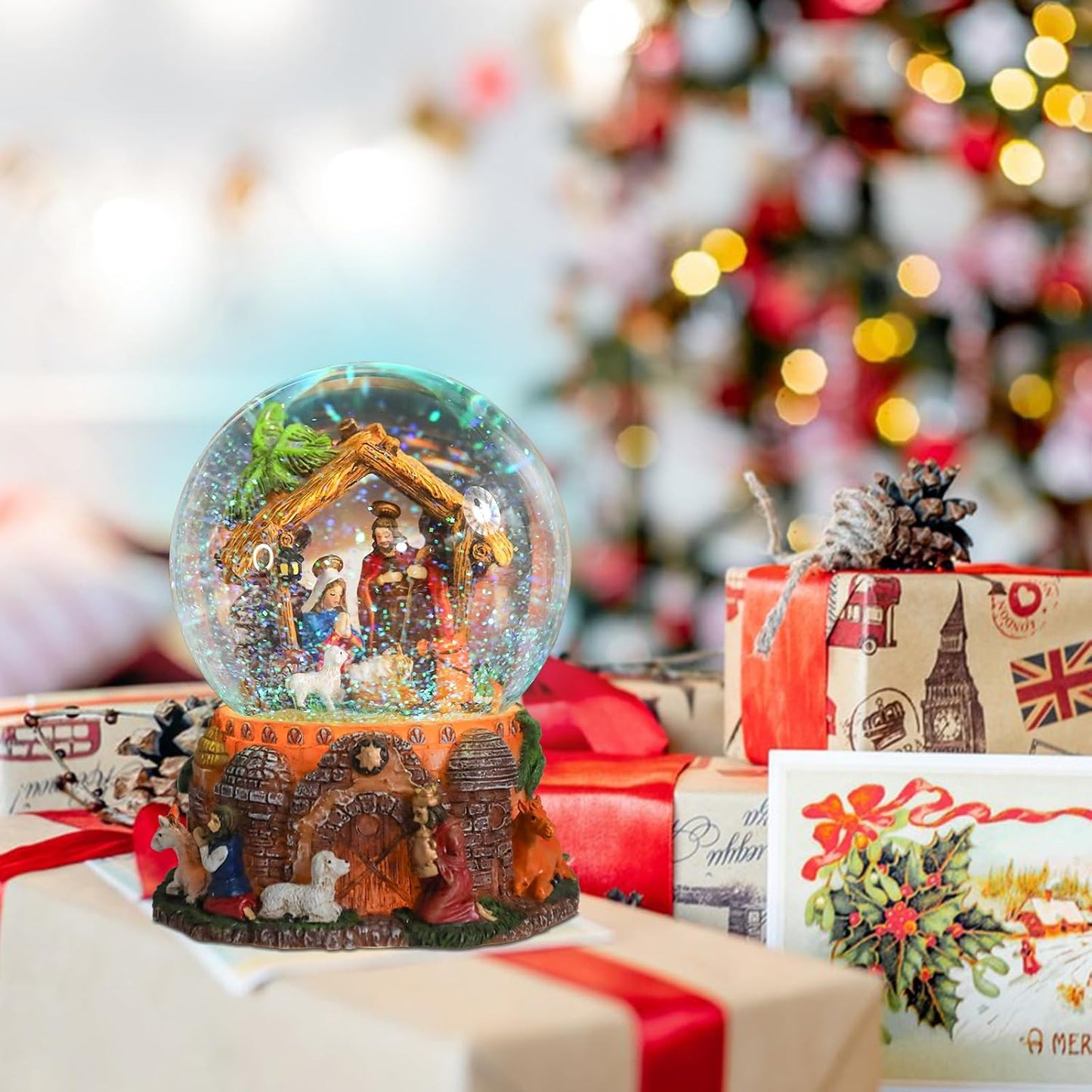 Taman Christmas Nativity Snow Globe - Musical Glittering Snowflakes & Lighted Tabletop Décor