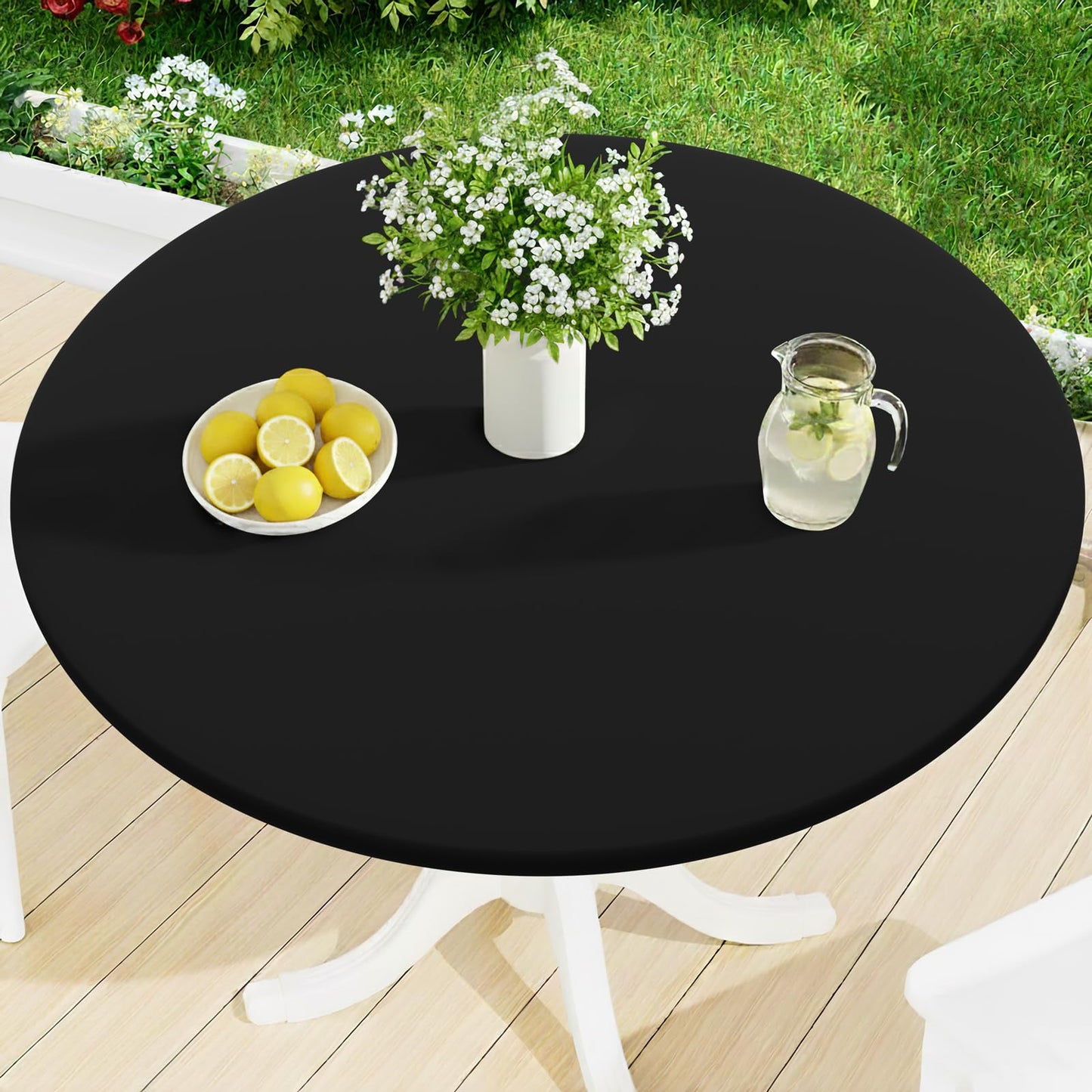 Smiry Round Spandex Tablecloth, Elastic Fitted Washable Tablecloths for 42"-50" Tables, Waterpoof Stretch Picnic Table Cover for Dining, Indoor and Outdoor, Black