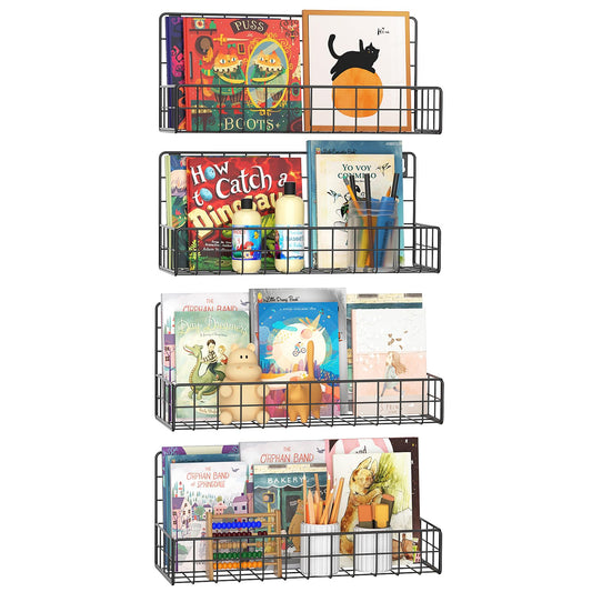 MFTEK Wall Mounted Metal Kids Bookshelf - Wall Book Shelf for Kids Rooms, Hanging Book Shelves Organizer for Room Decor, Nursery Classroom Home Floating Bookshelves Black 4 Pack