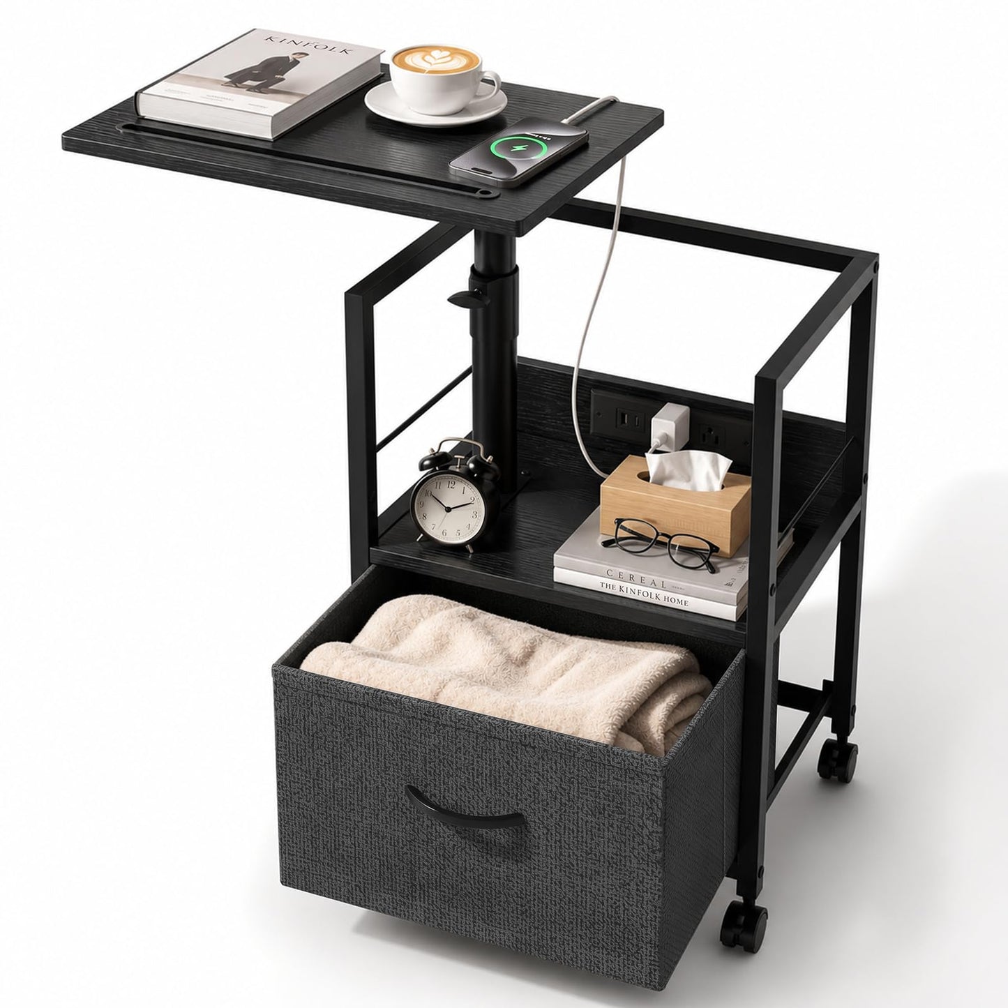 Faesun Swivel Lift Top Nightstand with Charging Station, Rolling Side Table for Recliner, Bedside Table with Wheels & a Fabric Drawer, for Small Spaces, for Bedroom, Living Room, Black Gray
