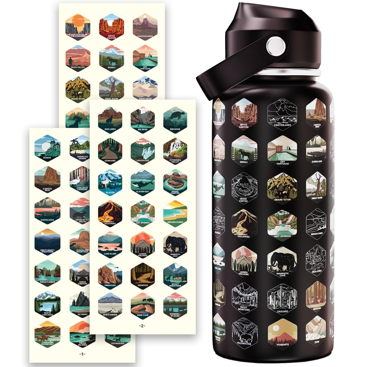 National Parks Water Bottle With 63 Stickers & Straw Cleaner Brush | 32 Oz Insulated Stainless Steel, BPA-Free, And Leak-proof Bottle For Hiking, Camping & Travel | Gift-ready Box (BLACK)