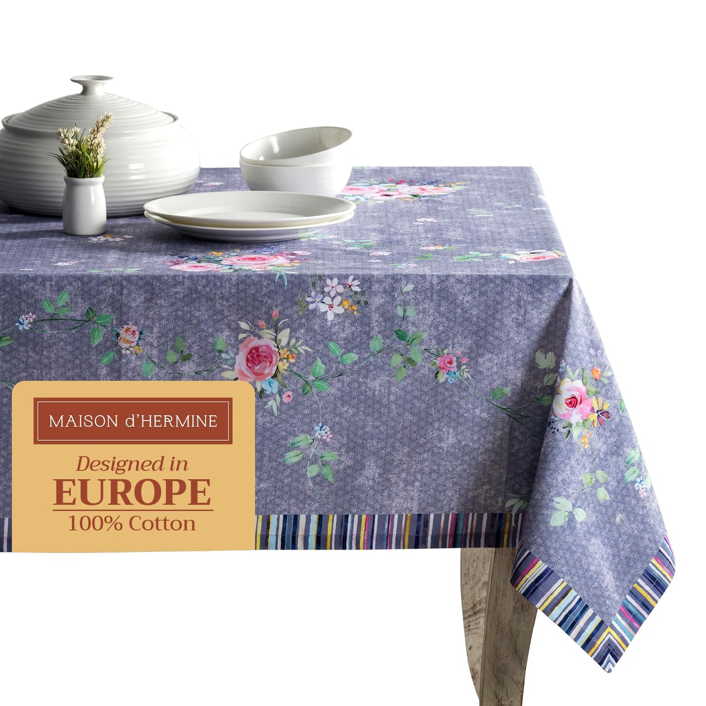Maison d' Hermine Table Cloth Rectangle Table 100% Cotton 60 x 120 Inches Tablecloth Reusable Decorative for Dining Kitchen Gifts for Mothers Day Spring Summer - Sweet Rose Lavender - Country Garden
