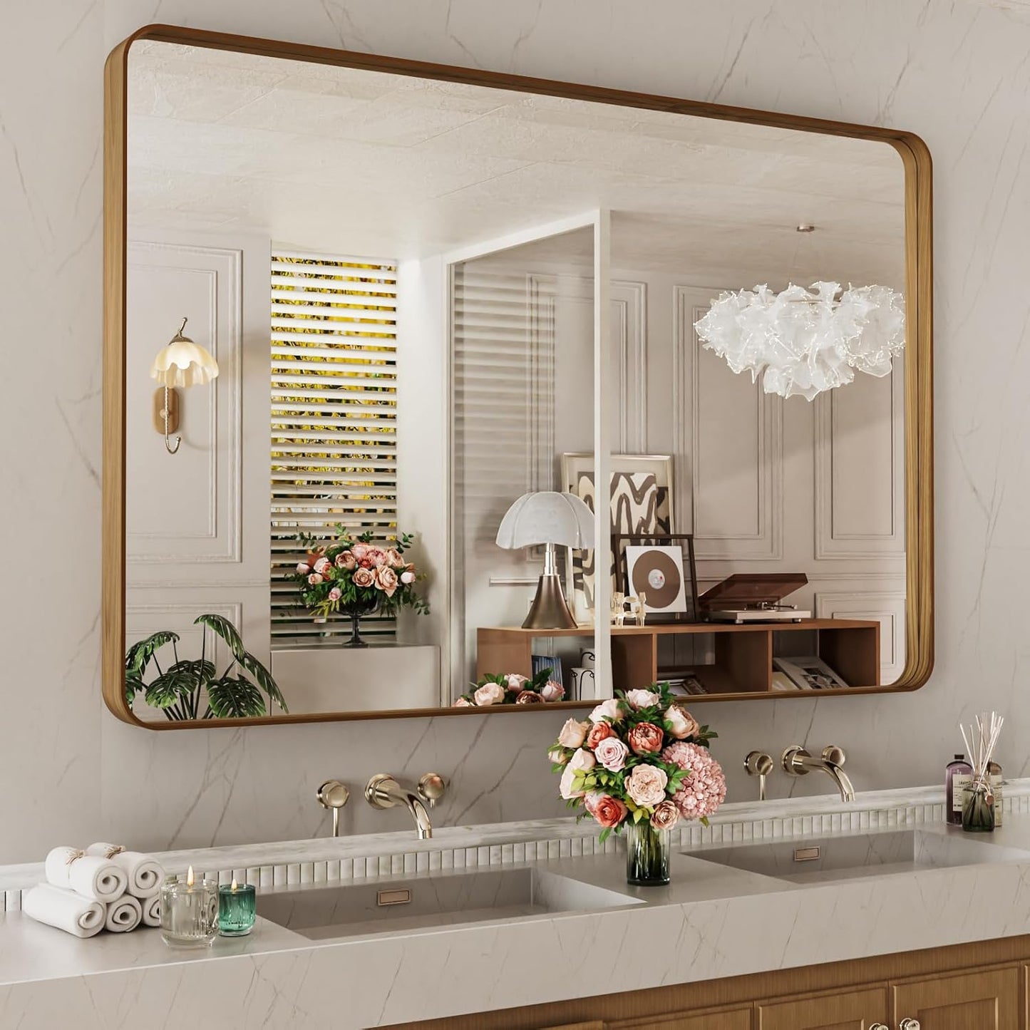 LOAAO Bathroom Mirror - 55x36 Inch Rounded Rectangle with Wood Grain Metal Frame | Anti-Rust, Versatile Hanging Options