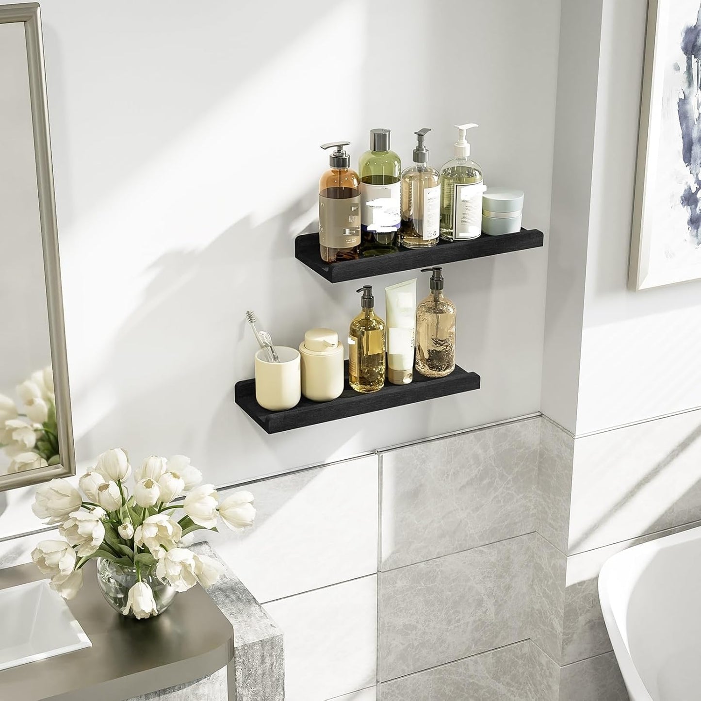 Love-KANKEI Floating Wall Shelves - Set of 2 Rustic 17-Inch Wood Shelves for Home Storage | Black