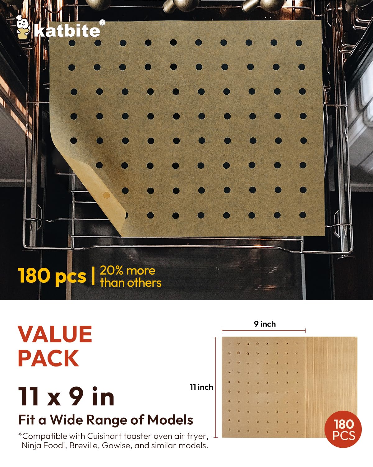 Katbite Air Fryer Parchment Paper Liners 180cs Airfryer Liners Disposable 9x11 Inch Perforated Parchment Paper Sheets Basket Liner Accessories For Toaster oven,Air Fryer, Fit Cuisinart, Ninja Foodi