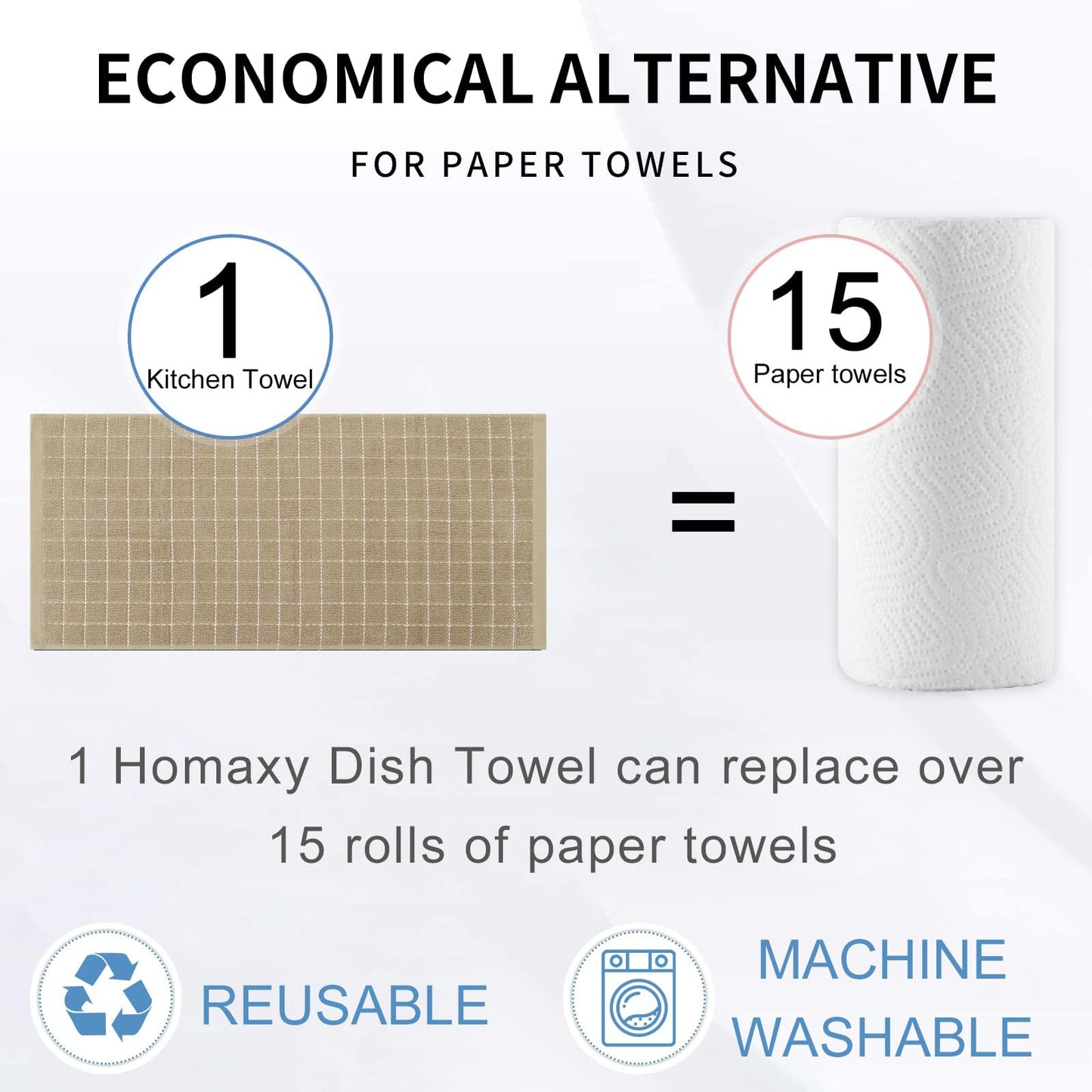 Homaxy 100% Cotton Terry Kitchen Towels(Tan, 13 x 28 inches), Checkered Designed, Soft and Super Absorbent Dish Towels, 4 Pack