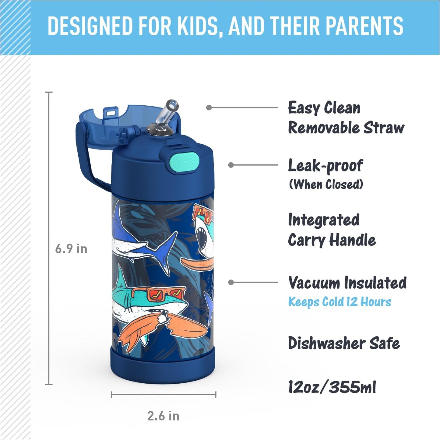 THERMOS FUNTAINER Water Bottle - 12 Ounce Kids Stainless Steel Vacuum Insulated with Straw | Surfin Sharks