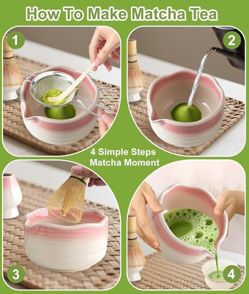 JBER Matcha Whisk Set - Complete 7PCS Ceramic Matcha Kit with Bamboo Whisk, Bowl & Accessories | Gradient Pink