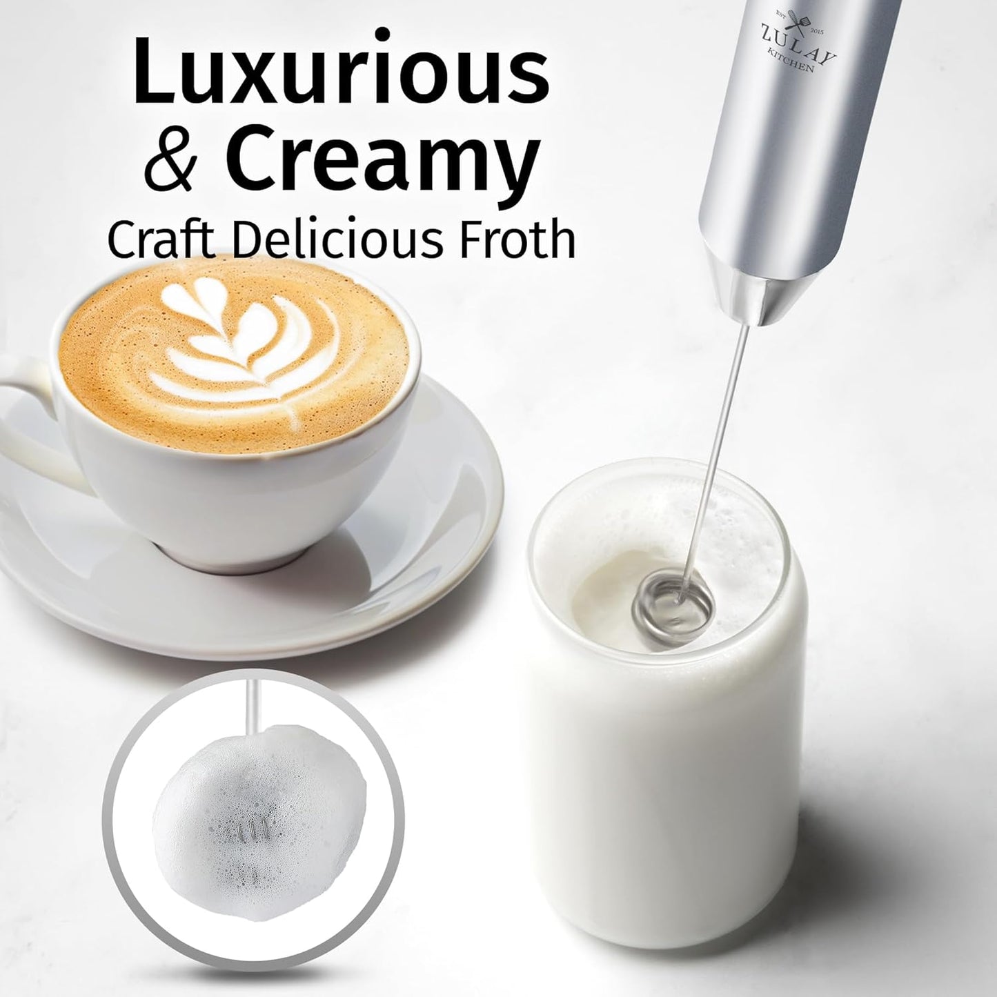 Zulay Kitchen Rechargeable Milk Frother - Powerful 2-Speed Motor, Waterproof Design | 2000mAh Battery - Perfect for Lattes, Cappuccinos, Matcha & Protein Drinks - Pure Silver