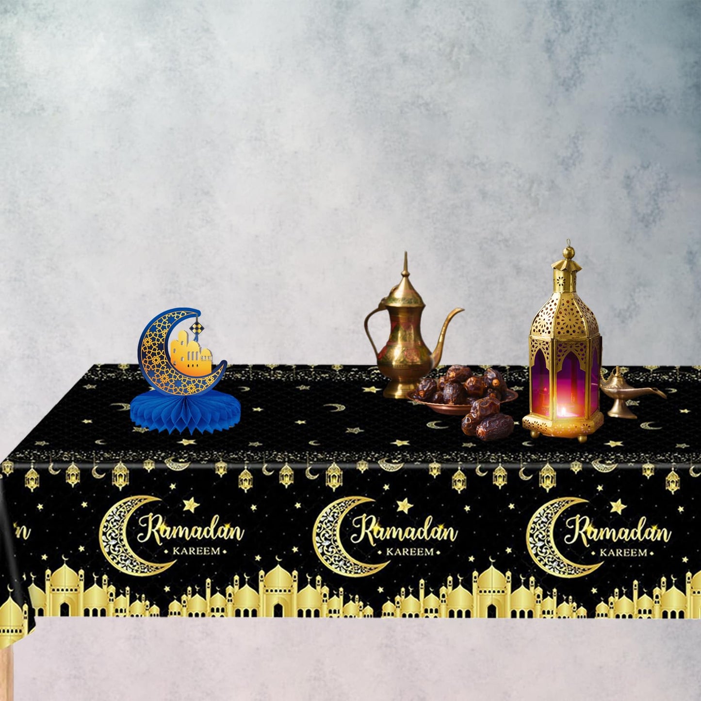 Qpout 3 Pack Ramadan Decorations Ramadan Table Cloth, Black and Gold Ramadan Kareem Table Cover, 54×108 Inch Ramadan Tablecloth, Ramadan Mubarak Table Decorations Eid Decorations, Plastic Disposable