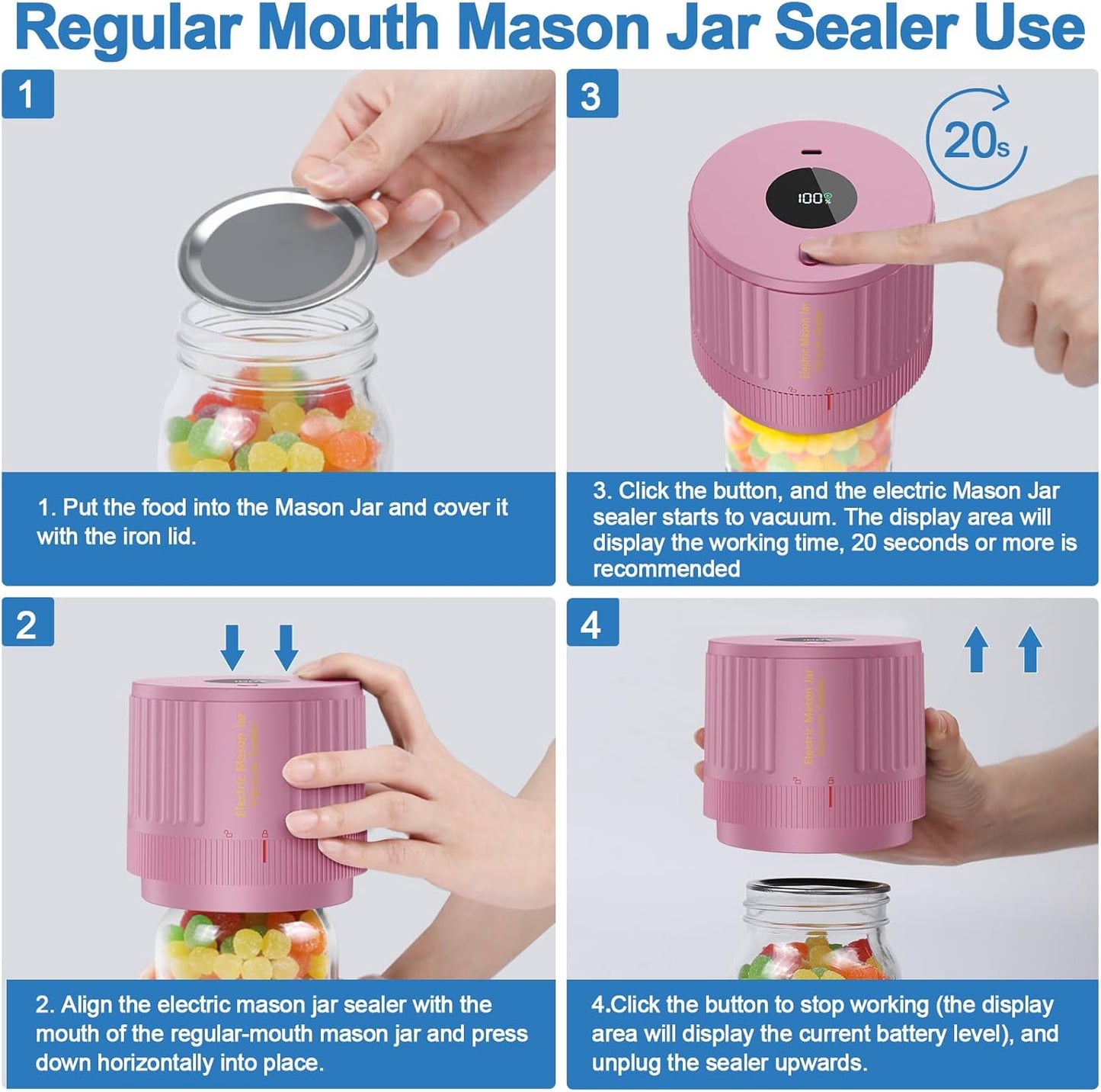 LOVE MOMENT Electric Mason Jar Vacuum Sealer Kit - Ideal for Wide & Regular Mouth Jars - Pink