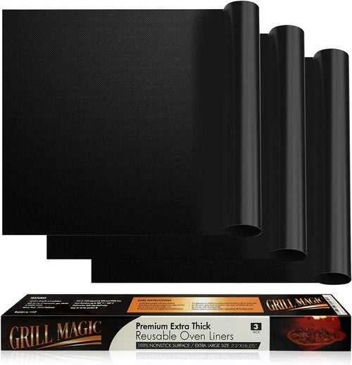 Grill Magic Non-Stick Oven Liners Set | 3-Pack Heavy Duty, Heat Resistant Fiberglass Mats - Easy to Clean, BPA Free