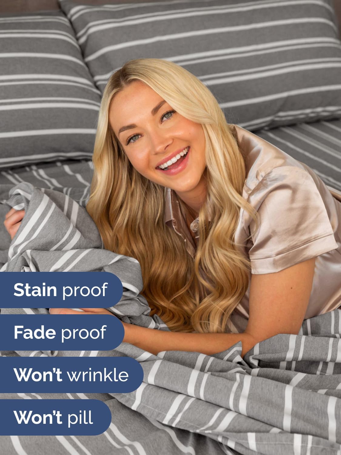 Skiennix Extra Deep Twin Sheet Set - 4 Piece Cooling Bedding - Soft, Wrinkle-Free, Grey Stripes