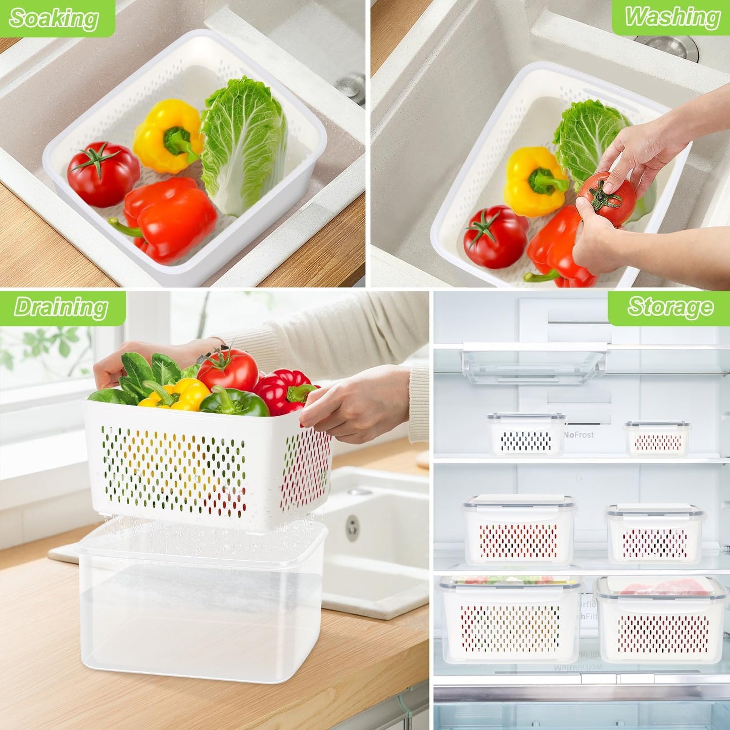 Skiennix 8-Piece Fruit Storage Containers - BPA-Free Plastic with Removable Colander for Fridge