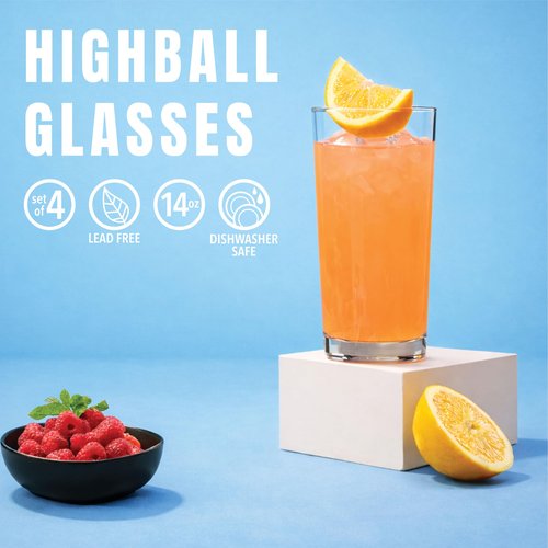 Godinger Highball Drinking Glasses, Italian Made Tall Glass Cups, Water Glasses Drinking Set, Cocktail Glasses - 14oz, Set of 4, Made In Italy