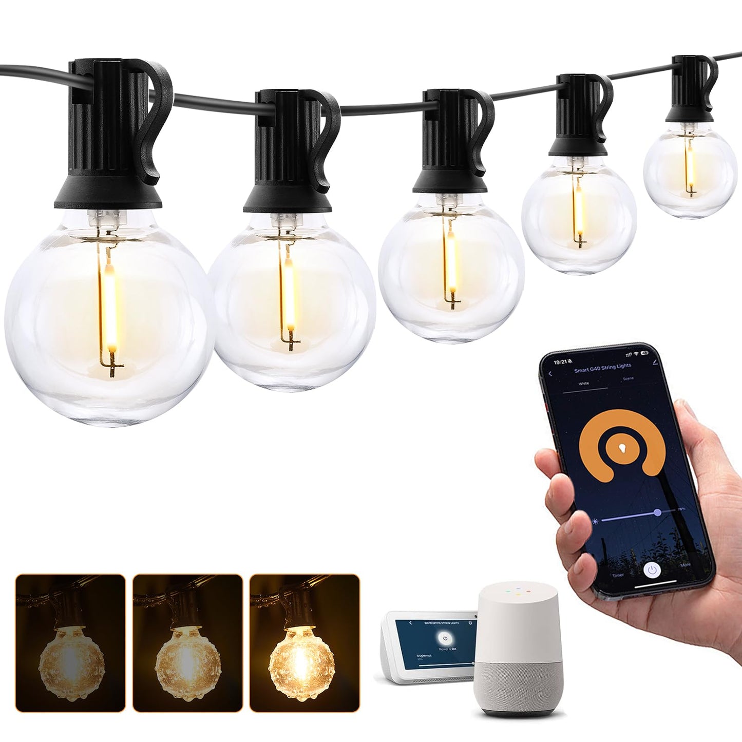 XMCOSY+ Patio Lights, Smart 50Ft Outdoor String Lights with 25 Dimmable G40 Globe Bulbs, APP Control, Work with Alexa, Connectable Waterproof LED Outdoor Light