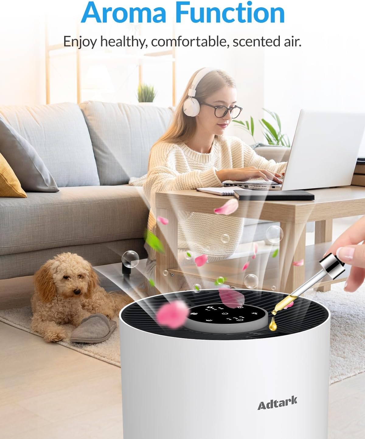 ADTARK Air Purifier - 3-in-1 Filter with Sleep Mode & Aroma Function | White Room Air Cleaner for Home & Office
