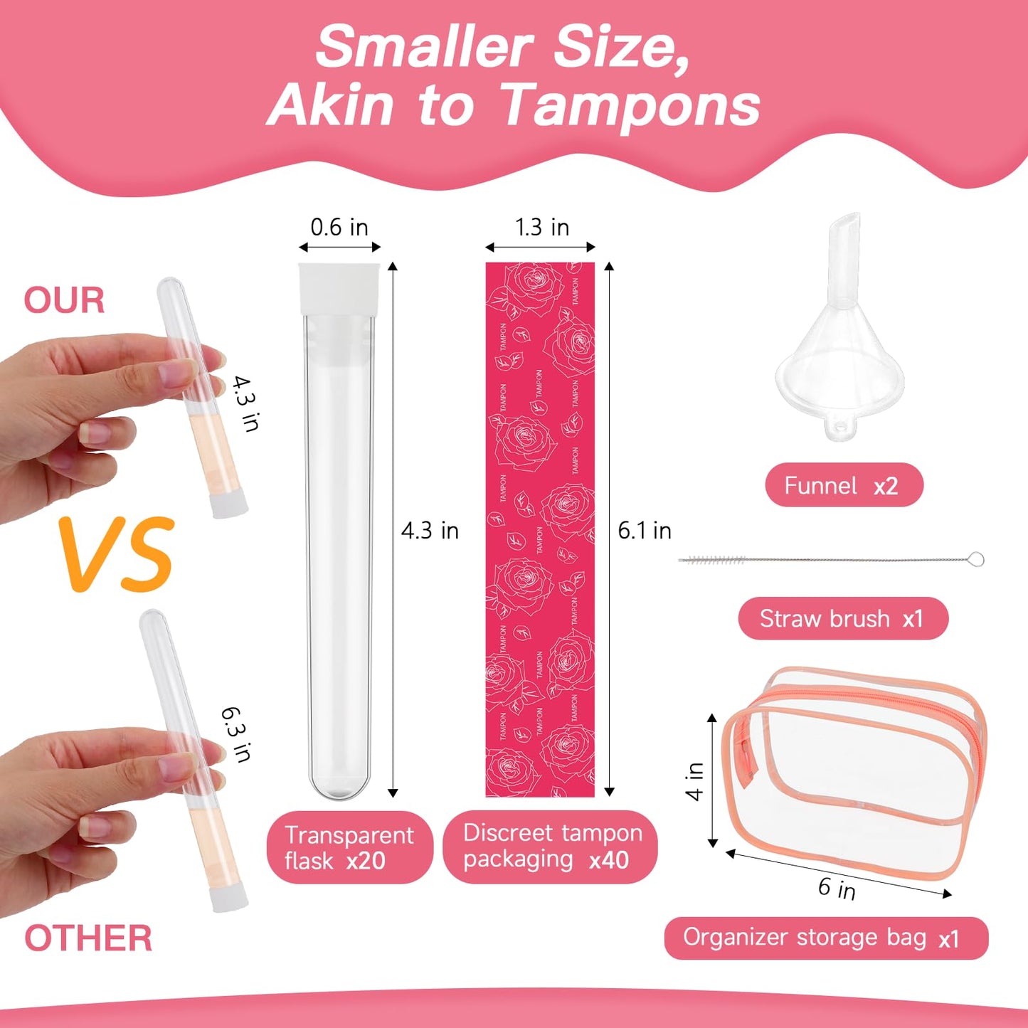 64 Pcs Tampon Flasks Set Includes 20 Reusable Plastic Flasks, 40 Self Adhesive Wrappers, 2 Funnels, Storage Bag, Straw Scrubber, Hidden Flasks for Cruise Event, Concert, Outdoor Sports (Rose red)