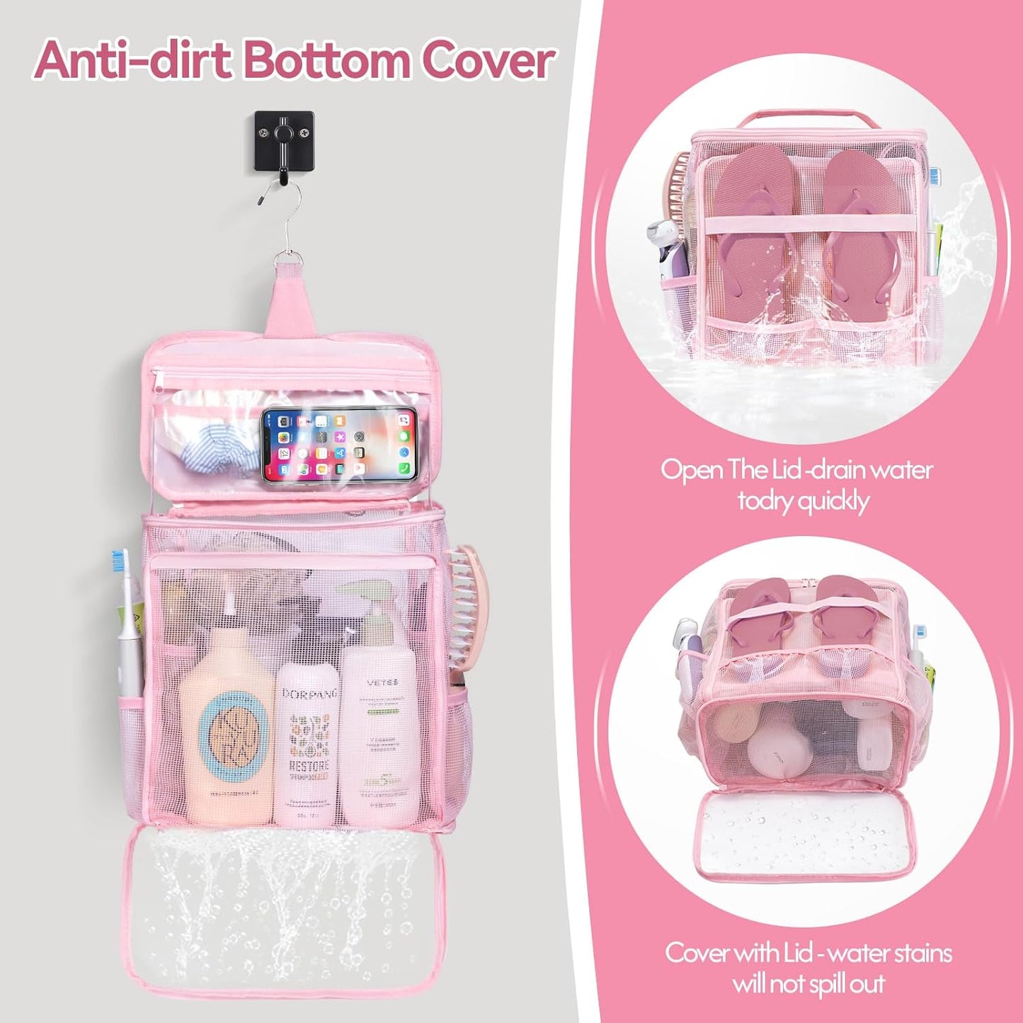 Tiostep Portable Mesh Shower Caddy - Collapsible Toiletry Organizer with Hanging Hook | Quick Dry, Large Capacity for Travel & Dorms