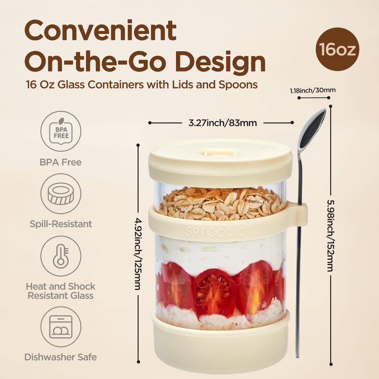 Spreccio Glass Overnight Oats Containers with Lids of Silicone and Spoon 16 oz [2 Pack], Airtight Overnight Oats Jars with Silicone Lid, For Yogurt Containers Chia Pudding Jars Snack Spice (Yellow)