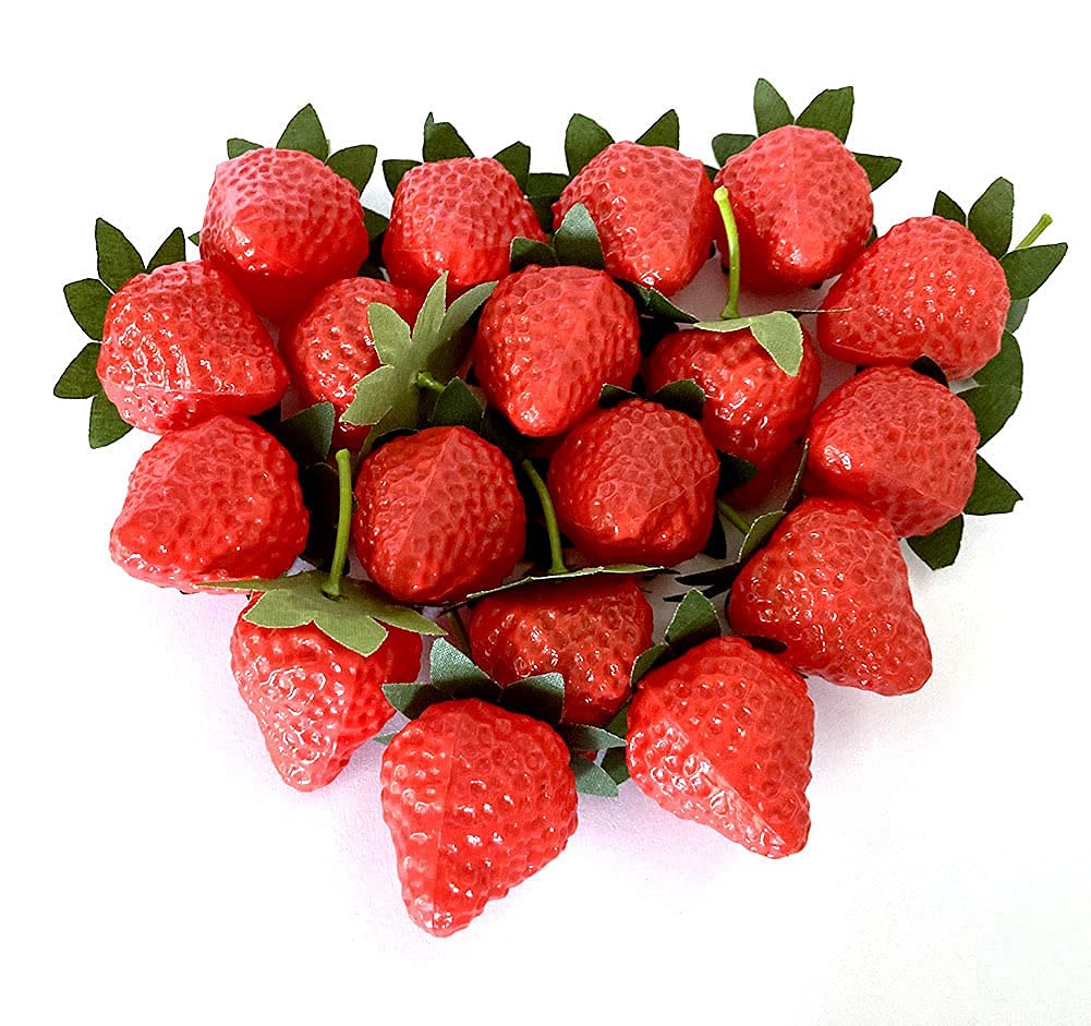 Aliotech 18PCS Plastic Artificial Red Strawberries Fake Lifelike Simulation Realistic Strawberry Artificial Fruits Decoration Photography Prop for Home Kitchen Decoration