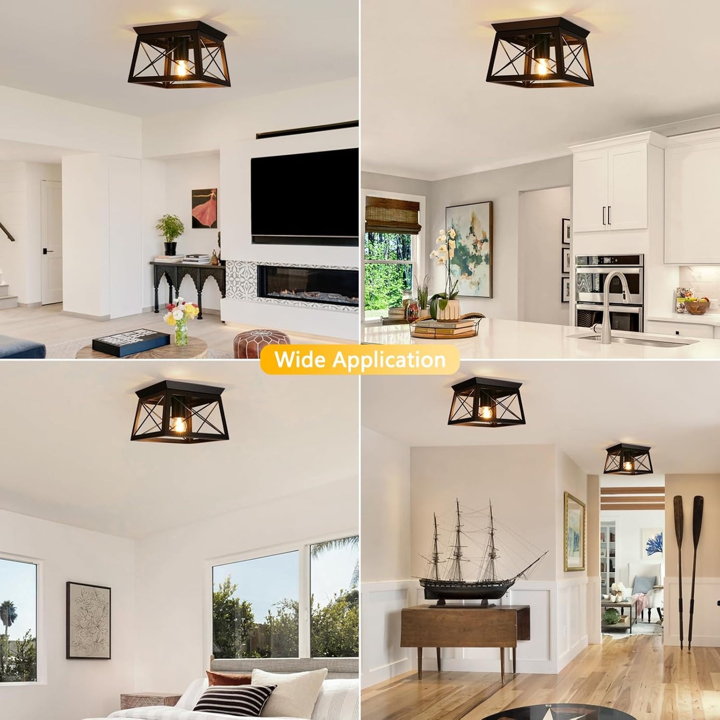 Farmhouse Flush Mount Ceiling Light Oak White Ceiling Light Fixtures 2-Light Industrial Vintage Metal-Framed Ceiling Lighting for Hallway Foyer Kitchen Dining Room Bedroom Living Room Laundry