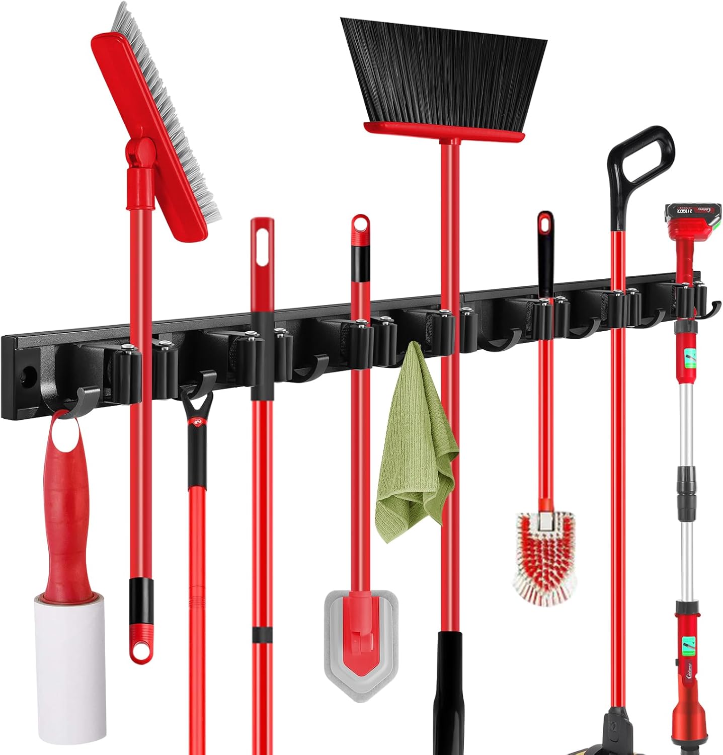 SLIIMU 30'' Movable Broom and Mop Holder - Wall Mount Organizer with 7 Racks & 8 Hooks for Home