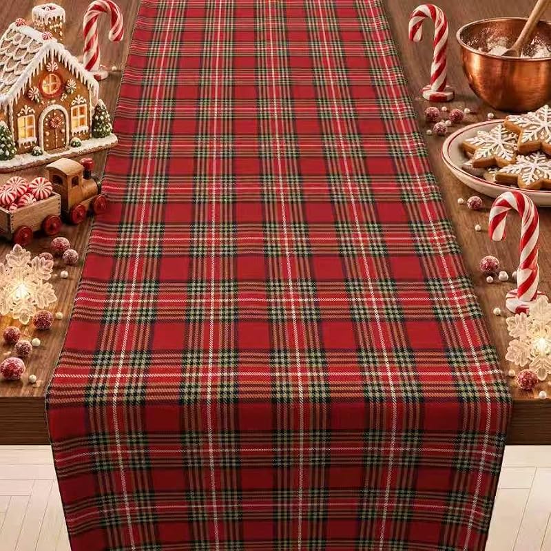 OHOME Christmas Plaid Red Table Runner - 13.8 x 73 in, 100% Polyester, Holiday Decor