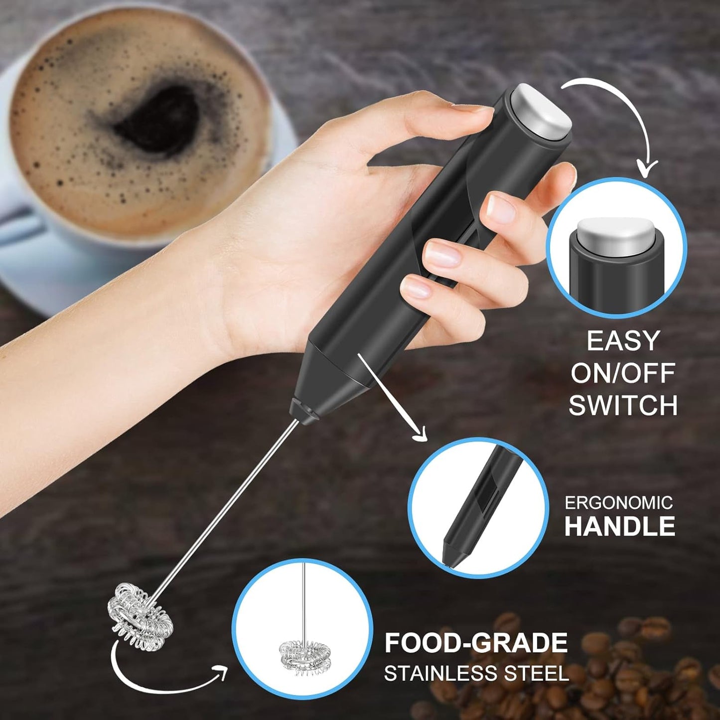 Skiennix Double Whisk Milk Frother - Handheld Electric Drink Mixer with Stainless Steel Stirrer | Perfect for Coffee, Cappuccino, and Matcha