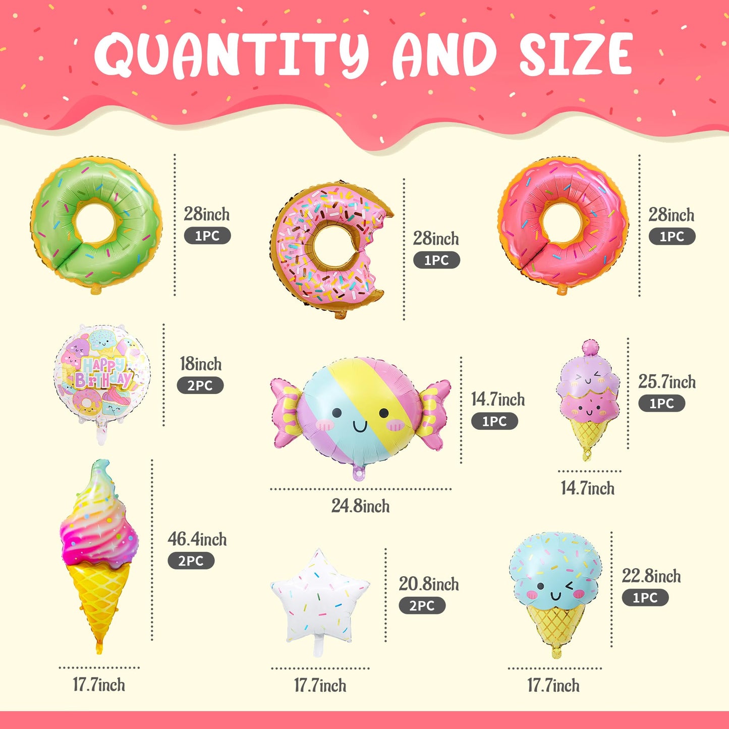 12 PCS Large Ice Cream Theme Balloons, Donut & Candy Foil Mylar Balloons for Ice Cream Party Decorations, Summer Birthday, Baby Shower Supplies