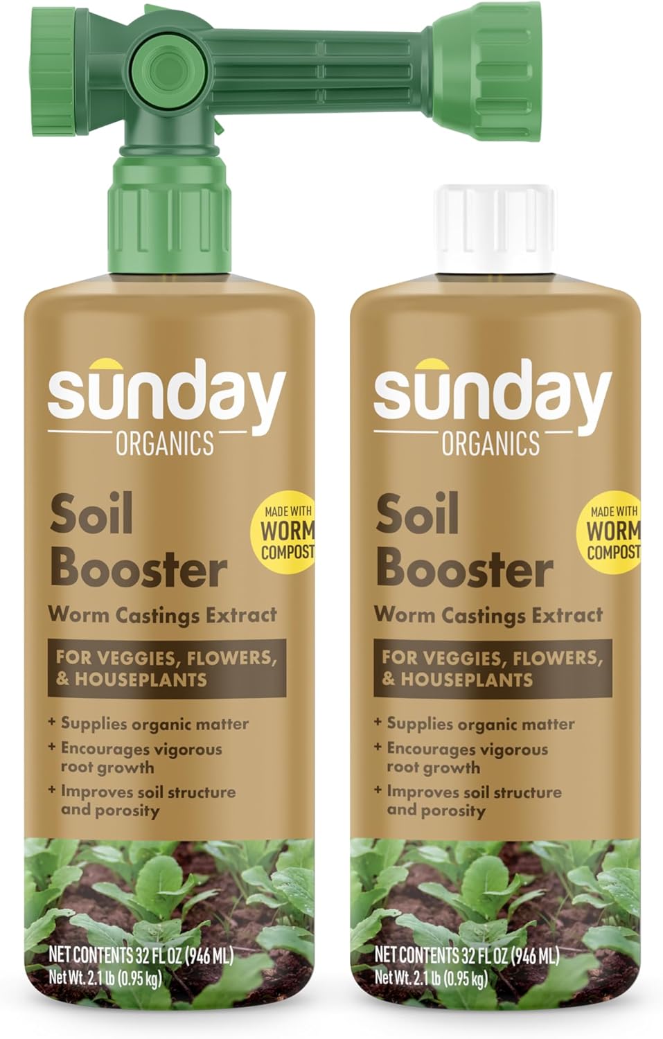 Sunday Soil Booster - Worm Casting Tea for Enhanced Soil Health & Vigorous Plant Growth - 32 Fl Oz, 2 Pack