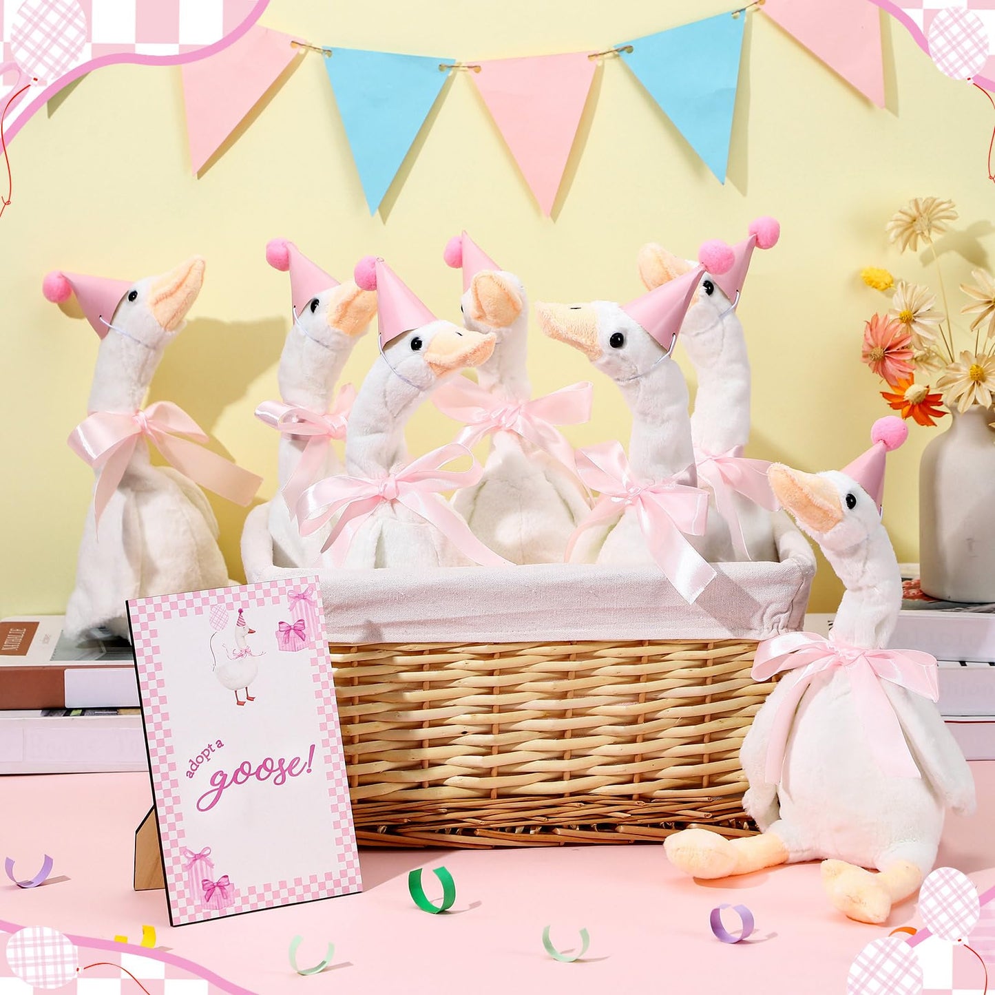 Blueweenly 8 Sets One Silly Goose Birthday Decoration 15.7 Inch Soft Silly Goose Stuffed Animal Hat with Wood Table Decor for Birthday Party Decoration