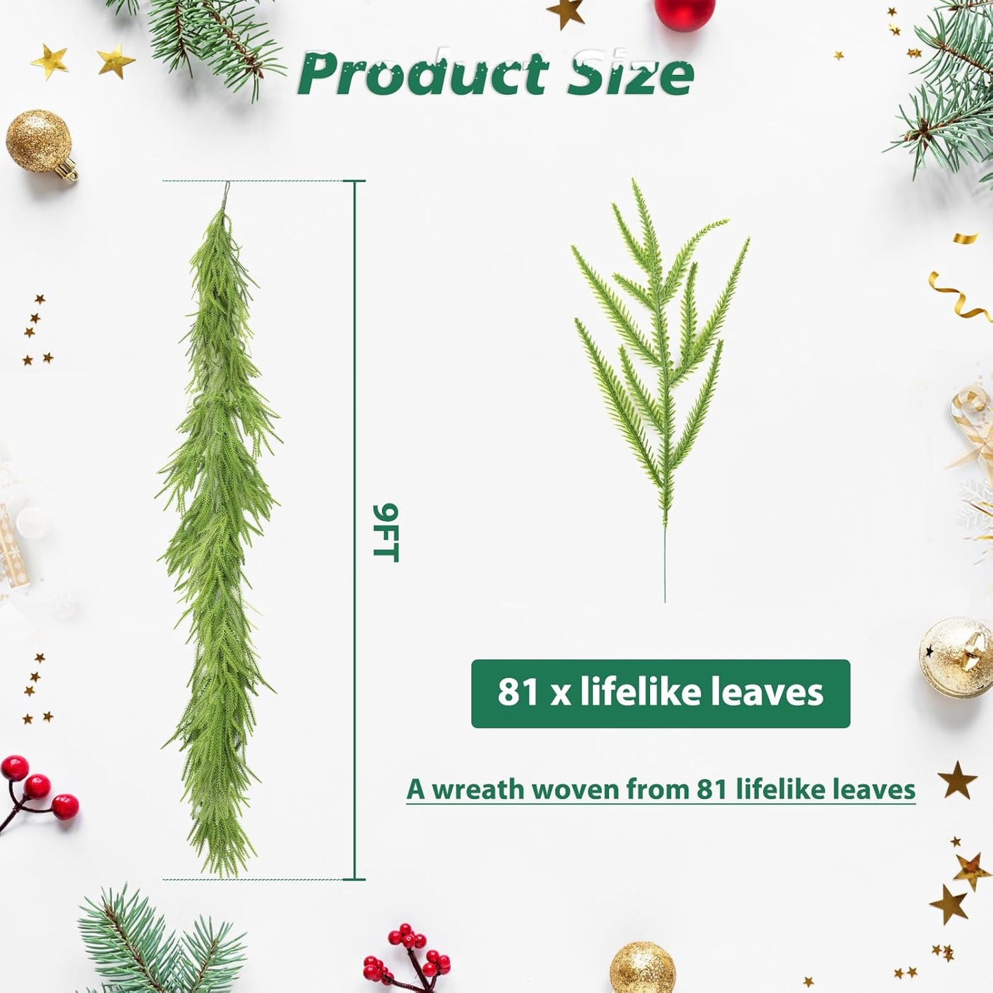 Norfolk Pine Garland - Realistic 9 Ft Faux Pine for Christmas Decor | Perfect for Mantle & Table