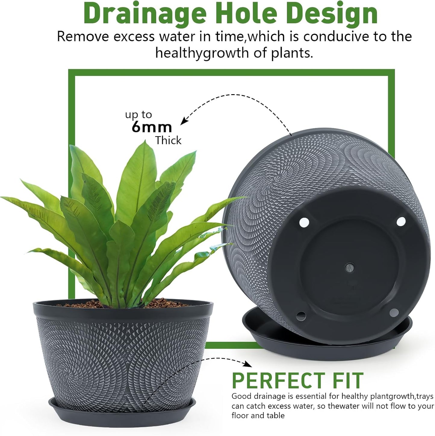 Quarut 10 Inch Flower Pots - 3 Pack Plastic Planters with Drainage Hole & Tray | Modern Gray Garden Pots